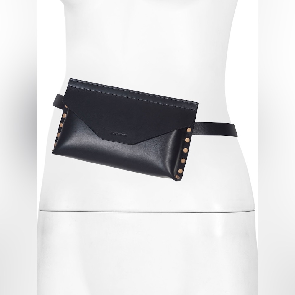 BNWOT Genuine Leather All Saints Eden Studded Black Belt Waist Bag Quiet Luxury